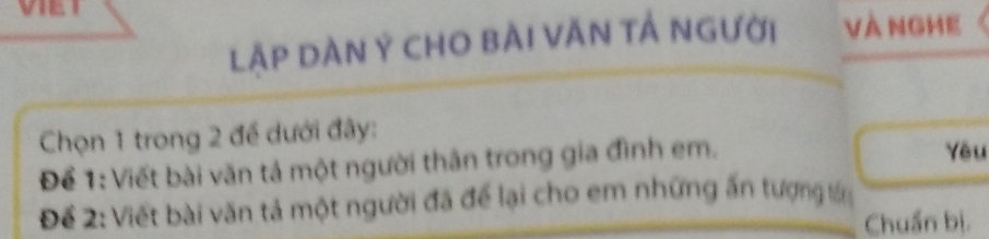 VIET 
LAP DàN Ý CHO BÀI VĂN TẢ NGười và nghe 
Chọn 1 trong 2 đề dưới đây: 
Để 1: Viết bài văn tả một người thân trong gia đình em. 
Yêu 
Để 2: Viết bài văn tả một người đã để lại cho em những ấn tượng tớn 
Chuẩn bị.