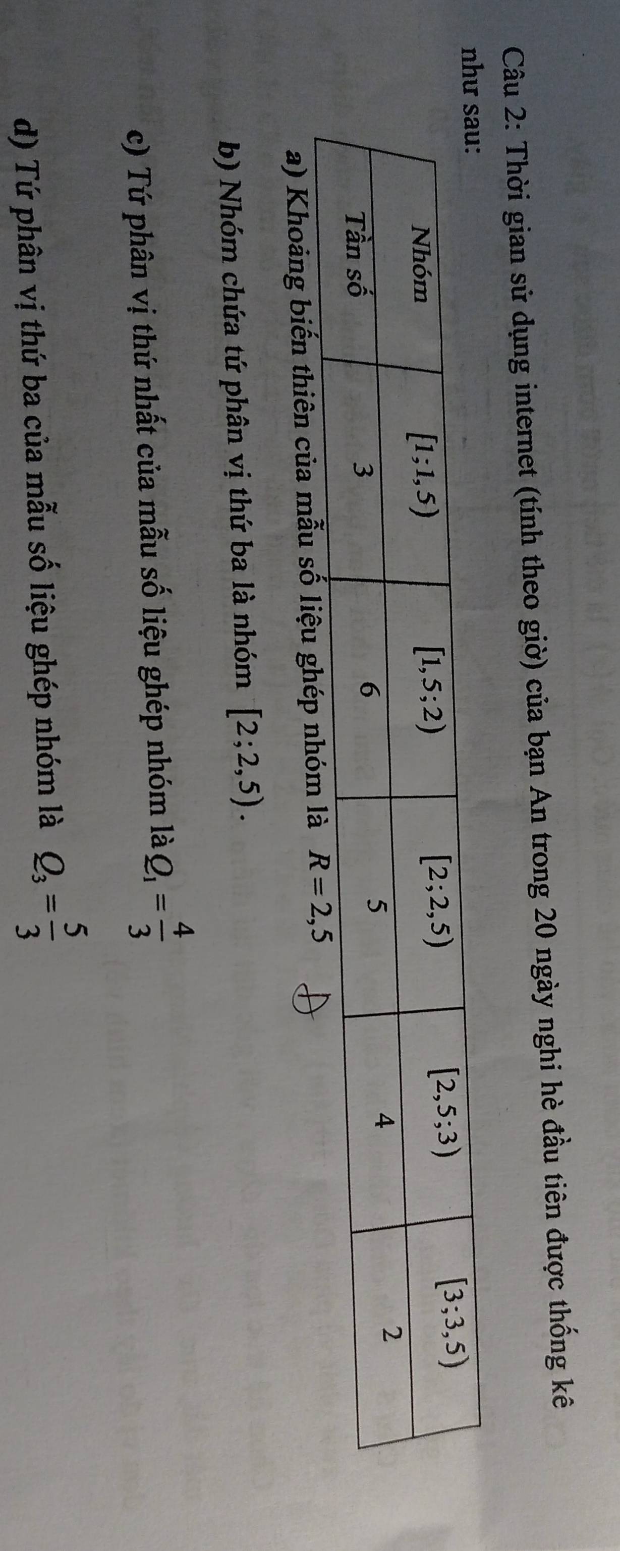 Thời gian sử dụng internet (tính theo giờ) của bạn An trong 20 ngày nghi hè đầu tiên được thống kê
a) Khoảng biến thiên của mẫu số liệu ghé
b) Nhóm chứa tứ phân vị thứ ba là nhóm [2;2,5).
c) Tứ phân vị thứ nhất của mẫu số liệu ghép nhóm là Q_1= 4/3 
d) Tứ phân vị thứ ba của mẫu số liệu ghép nhóm là Q_3= 5/3 
