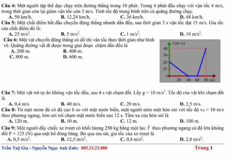 Một người tập thể dục chạy trên đường thắng trong 10 phút. Trong 4 phút đầu chạy với vận tốc 4 m/s,
trong thời gian còn lại giảm vận tốc còn 3 m/s. Tính tốc độ trung bình trên cả quãng đường chạy.
A. 50 km/h. B. 12,24 km/h. C. 36 km/h. D. 48 km/h.
Câu 5: Một chất điểm bắt đầu chuyển động thẳng nhanh dần đều, sau thời gian 3 s vận tốc đạt 15 m/s. Gia tốc
của chất điểm đỏ là:
A. 25m/s^2. B. 5m/s^2. C. 1m/s^2. D. 10m/s^2.
Câu 6: Một vật chuyển động thắng có đồ thị vận tốc theo thời gian như hình
về. Quãng đường vật đi được trong giai đoạn chậm dẫn đều là
A. 200 m. B. 400 m.
C. 800 m. D. 600 m.
Câu 7: Một vật rơi tự do không vận tốc đầu, sau 4 s vật chạm đất. Lấy g=10m/s^2. Tốc độ của vật khi chạm đất
là
A. 0,4 m/s B. 40 m/s. C. 20 m/s. D. 2,5 m/s.
Câu 8: Từ một móm đá có độ cao h so với mặt nước biển, một người ném một hòn sói với tốc độ v_0=10m/s
theo phương ngang, hòn sỏi rơi chạm mặt nước biển sau 12 s. Tầm xa của hòn sỏi là
A. 120 m. B. 10 m. C. 12 m. D. 100 m.
Câu 9: Một người đầy chiếc xe trượt có khổi lượng 250 kg bằng một lực vector F * theo phương ngang có độ lớn không
đồi F=125(N) qua mặt hồ đóng băng. Bỏ qua ma sát, gia tốc của xe trượt là
A. 0.5m/s^2. B. 12,5m/s^2. C. 0.8m/s^2. D. 2,0m/s^2.
Trần Tuệ Gia - Nguyễn Ngọc Anh Zalo: 085.23.23.888 Trang 1