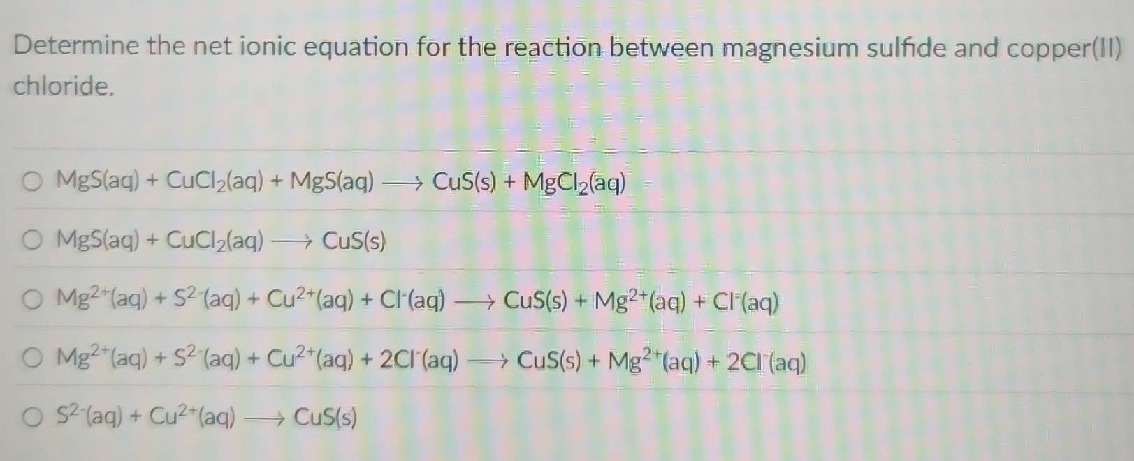 Solved: Determine the net ionic equation for the reaction between ...