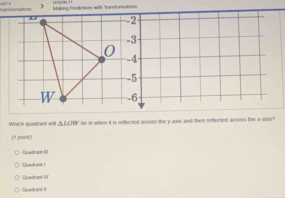 JNIT 4 LESSON 11
TransformationsMaking Predictions with Transformations
Which quadrant will △ LOW be in when it is reflected across the y-axis and then reflected across the x-axis?
(1 point)
Quadrant III
Quadrant I
Quadrant IV
Quadrant II