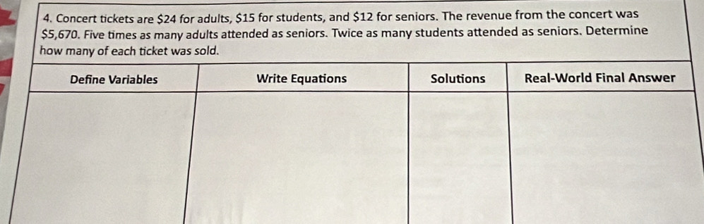 Concert tickets are $24 for adults, $15 for students, and $12 for seniors. The revenue from the concert was
$5,670. Five times as many adults attended as seniors. Twice as many students attended as seniors. Determine