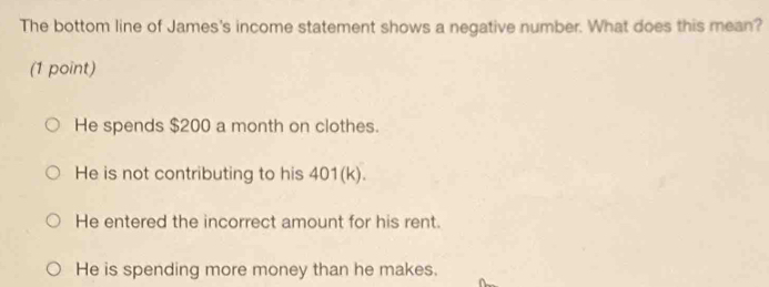 The bottom line of James's income statement shows a negative number. What does this mean?
(1 point)
He spends $200 a month on clothes.
He is not contributing to his 401 (k).
He entered the incorrect amount for his rent.
He is spending more money than he makes.