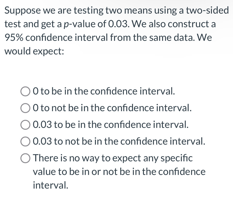 Suppose we are testing two means using a two-sided
test and get a p -value of 0.03. We also construct a
95% confidence interval from the same data. We
would expect:
0 to be in the confdence interval.
0 to not be in the confdence interval.
0.03 to be in the confdence interval.
0.03 to not be in the confdence interval.
There is no way to expect any specific
value to be in or not be in the confdence
interval.