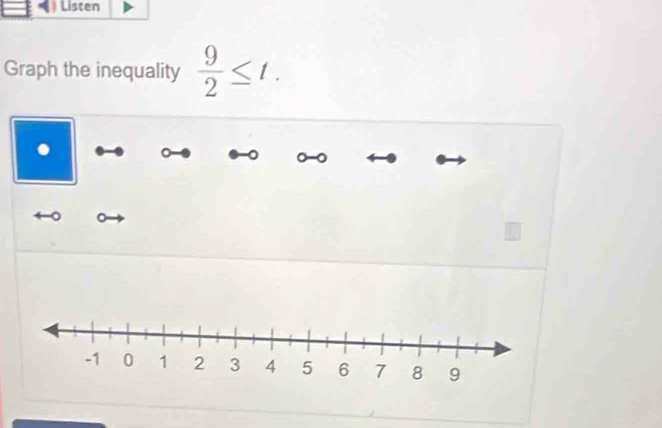 Listen 
Graph the inequality  9/2 ≤ t. 
. 
0 -0
。