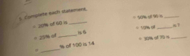 Complete each statement.
50% of 90 is_
20% of 60 is_ 
is 6 19% of _7
25% of_ 
_
% of 100 is 14 30% of 70 is_ 
。