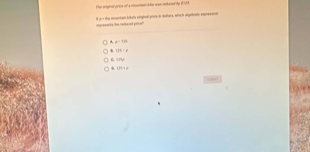 The original price of a mountain bike was reduced by $125.
If ρ= the mountain bike's original price in dollars, which algebraic expression
represents the reduced price?
A. p=125
B. 125=rho
C. 125ρ
D. 125+ρ
SUBMO