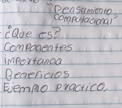 Pensamiento 
computacional 
dave es? 
Componefes 
importancia 
Beneficios 
Evempio practico,