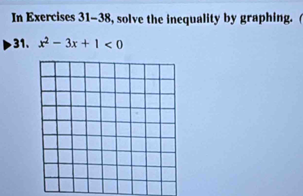 In Exercises 31-38, solve the inequality by graphing. ( 
1. x^2-3x+1<0</tex>