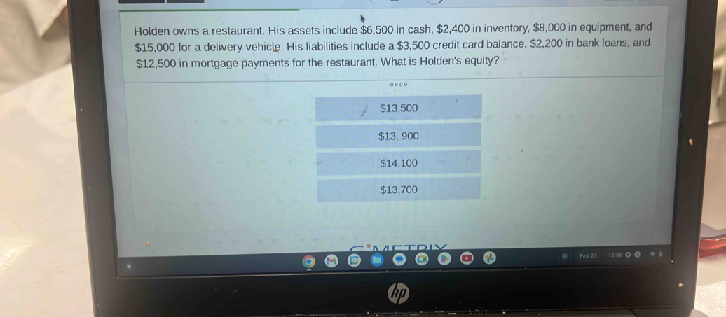 Holden owns a restaurant. His assets include $6,500 in cash, $2,400 in inventory, $8,000 in equipment, and
$15,000 for a delivery vehicle. His liabilities include a $3,500 credit card balance, $2,200 in bank loans, and
$12,500 in mortgage payments for the restaurant. What is Holden's equity?