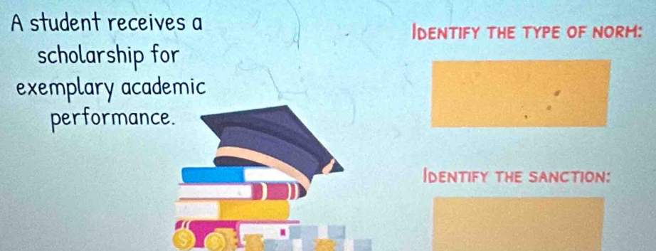 A student receives a Identify the type of norm: 
scholarship for 
exemplary academic 
performance. 
Identify the sanction: