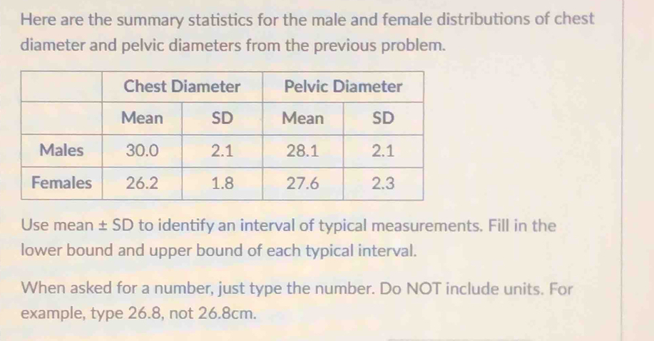 Here are the summary statistics for the male and female distributions of chest 
diameter and pelvic diameters from the previous problem. 
Use mean ± SD to identify an interval of typical measurements. Fill in the 
lower bound and upper bound of each typical interval. 
When asked for a number, just type the number. Do NOT include units. For 
example, type 26.8, not 26.8cm.