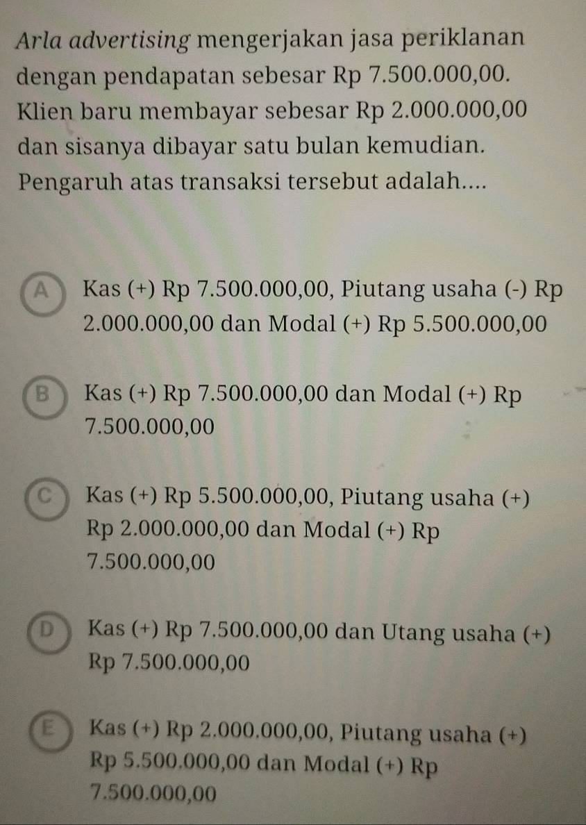 Arla advertising mengerjakan jasa periklanan
dengan pendapatan sebesar Rp 7.500.000,00.
Klien baru membayar sebesar Rp 2.000.000,00
dan sisanya dibayar satu bulan kemudian.
Pengaruh atas transaksi tersebut adalah....
A Kas (+) Rp 7.500.000,00, Piutang usaha (-) Rp
2.000.000,00 dan Modal (+) Rp 5.500.000,00
B Kas (+) Rp 7.500.000,00 dan Modal (+) Rp
7.500.000,00
C) Kas (+) Rp 5.500.000,00, Piutang usaha (+)
Rp 2.000.000,00 dan Modal (+) Rp
7.500.000,00
D Kas (+) Rp 7.500.000,00 dan Utang usaha (+)
Rp 7.500.000,00
E Kas (+) Rp 2.000.000,00, Piutang usaha (+)
Rp 5.500.000,00 dan Modal (+) Rp
7.500.000,00