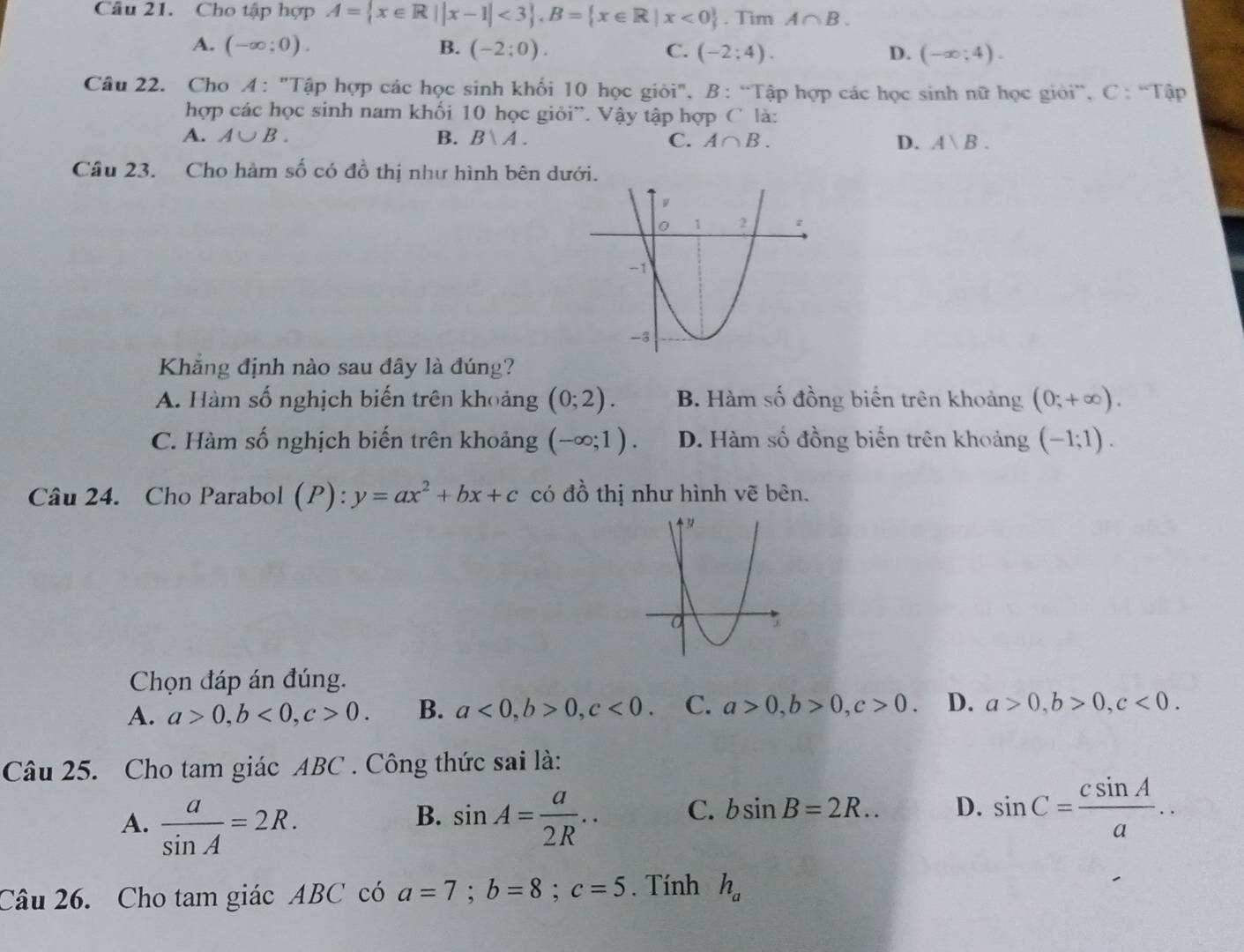 Cho tập hợp A= x∈ R||x-1|<3 , B= x∈ R|x<0. Tìm A∩ B.
A. (-∈fty ;0). B. (-2:0). C. (-2;4). D. (-∈fty ;4). 
Câu 22. Cho A: "Tập hợp các học sinh khối 10 học giỏi", B: “Tập hợp các học sinh nữ học giỏi”, C: “Tập
hợp các học sinh nam khối 10 học giỏi'. Vậy tập hợp C là:
A. A∪ B. B. B∪ A. C. A∩ B. D. A、B. 
Câu 23. Cho hàm số có đồ thị như hình bên dưới.
Khẳng định nào sau đây là đúng?
A. Hàm số nghịch biến trên khoảng (0;2). B. Hàm số đồng biến trên khoảng (0;+∈fty ).
C. Hàm số nghịch biến trên khoảng (-∈fty ;1). D. Hàm số đồng biến trên khoảng (-1;1). 
Câu 24. Cho Parabol (P): y=ax^2+bx+c có đồ thị như hình vẽ bên.
Chọn đáp án đúng.
A. a>0, b<0</tex>, c>0. B. a<0</tex>, b>0, c<0</tex>. C. a>0, b>0, c>0. D. a>0, b>0, c<0</tex>. 
Câu 25. Cho tam giác ABC. Công thức sai là:
A.  a/sin A =2R. sin A= a/2R .. C. bsin B=2R.. D. sin C= csin A/a .. 
B.
Câu 26. Cho tam giác ABC có a=7;b=8; c=5. Tính h_a