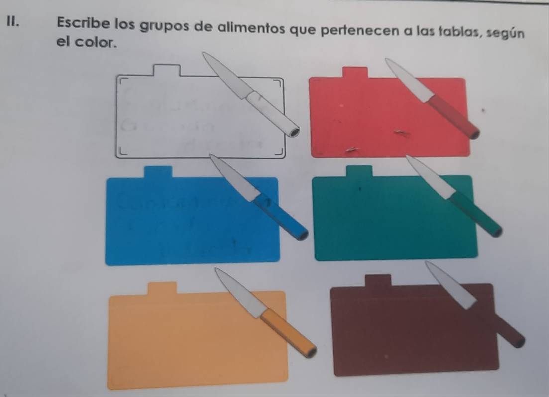 Escribe los grupos de alimentos que pertenecen a las tablas, según 
el color.