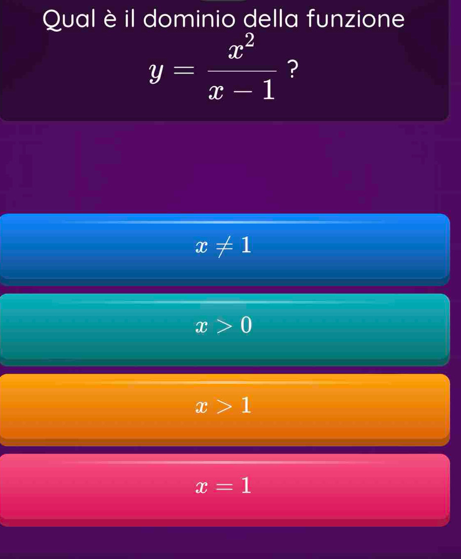 Qual è il dominio della funzione
y= x^2/x-1  ?
x!= 1
x>0
x>1
x=1