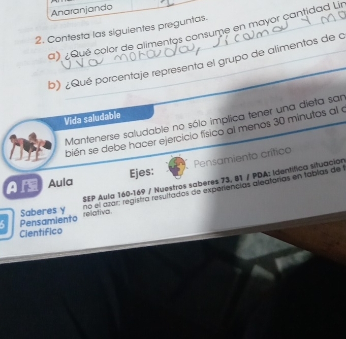 Anaranjando 
2. Contesta las siguientes preguntas. 
a) ¿Qué color de alimentos consume en mayor cantidad Lir 
b) ¿ Qué porcentaje representa el grupo de alimentos de a 
Vida saludable 
Mantenerse saludable no sólo implica tener una dieta san 
bién se debe hacer ejercicio físico al menos 30 minutos al a 
AS Aula Ejes: Pensamiento crítico 
SEP Aula 160 - 169 / Nuestros saberes 73, 81 / PDA: Identifica situacion 
no el azar; registra resultados de experiencias aleatorías en tablas de t
5 Pensamiento Saberes y relativa. 
Cientifico