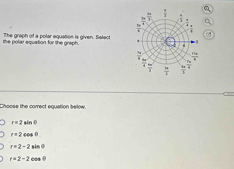 The graph of a polar equation is given. Select
the polar equation for the graph. 
Choose the correct equation below.
r=2sin θ
r=2cos θ
r=2-2sin θ
r=2-2cos θ