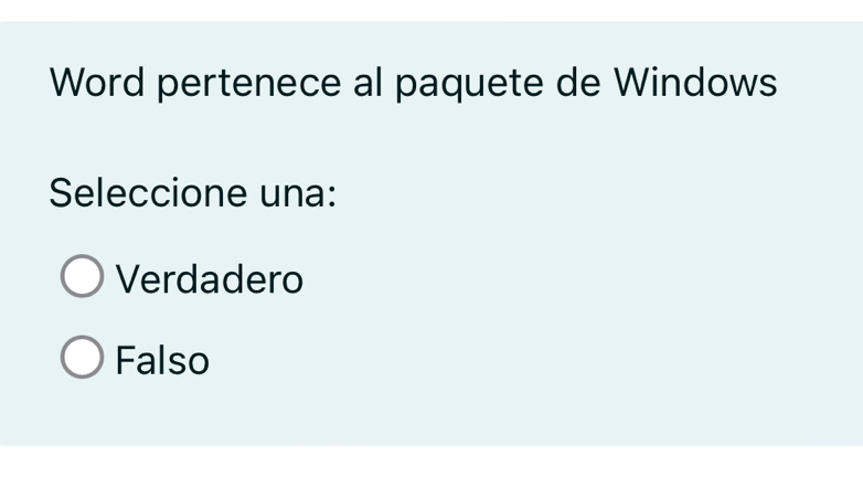 Word pertenece al paquete de Windows
Seleccione una:
Verdadero
Falso