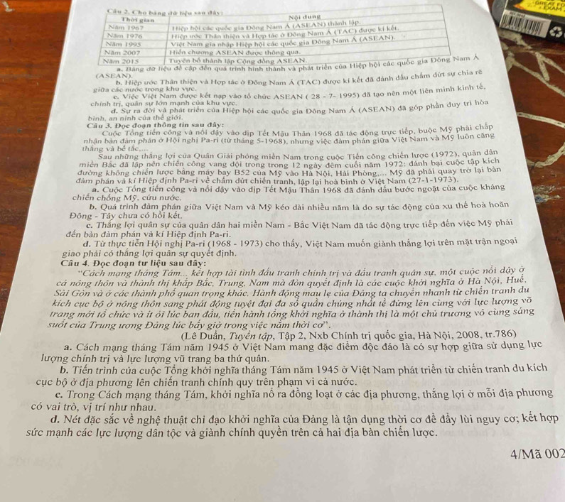 (ASEAN). an
b. Hiệp ước Thân thiện và Hợp tác ở Đông Nam Á (TAC) được kí kết đã đánh đầu chẩm đứt sự chia rẽ
giữa các nước trong khu vực.
e. Việc Việt Nam được kết nạp vào tổ chức ASEAN ( 28 - 7- 1995) đã tạo nên một liên minh kinh tế.
chính trị, quân sự lớn mạnh của khu vực.
bình, an ninh của thế giới. đ. Sự ra đời và phát triển của Hiệp hội các quốc gia Đông Nam Á (ASEAN) đã góp phần duy trì hòa
Câu 3. Đọc đoạn thông tin sau đây:
Cuộc Tổng tiền công và nổi đậy vào địp Tết Mậu Thăn 1968 đã tác động trực tiếp, buộc Mỹ phải cháp
thắng và bể tắc,... nhận bản đâm phần ở Hội nghị Pa-ri (từ tháng 5-1968), nhưng việc đâm phán giữa Việt Nam và Mỹ luôn căng
Sau những thắng lợi của Quân Giải phóng miền Nam trong cuộc Tiến công chiến lược (1972), quân dân
miền Bắc đã lập nên chiến công vang đội trong trong 12 ngày đêm cuối năm 1972: đánh bại cuộc tập kích
đường không chiến lược bằng máy bay B52 của Mỹ vào Hà Nội, Hải Phòng.... Mỹ đã phải quay trở lại bản
đàm phán và kí Hiệp định Pa-ri về chấm dứt chiến tranh, lập lại hoà bình ở Việt Nam (27-1-1973).
a. Cuộc Tổng tiến công và nổi dậy vào dịp Tết Mậu Thân 1968 đã đánh dấu bước ngoặt của cuộc kháng
chiến chống Mỹ. cứu nước.
b. Quá trình đảm phán giữa Việt Nam và Mỹ kéo dài nhiều năm là do sự tác động của xu thế hoà hoãn
Đông - Tây chưa có hồi kết.
c. Thắng lợi quân sự của quân dân hai miền Nam - Bắc Việt Nam đã tác động trực tiếp đến việc Mỹ phải
đến bản đàm phán và kí Hiệp định Pa-ri.
d. Từ thực tiễn Hội nghị Pa-ri (1968 - 1973) cho thấy, Việt Nam muốn giành thắng lợi trên mặt trận ngoại
giao phải có thắng lợi quân sự quyết định.
Câu 4. Đọc đoạn tư liệu sau đây:
*Cách mạng tháng Tám... kết hợp tài tình đấu tranh chính trị và đầu tranh quân sự, một cuộc nổi dậy ở
cả nông thôn và thành thị khắp Bắc, Trung, Nam mà đòn quyết định là các cuộc khởi nghĩa ở Hà Nội, Huế,
Sài Gòn và ở các thành phố quan trọng khác. Hành động mau lẹ của Đảng ta chuyển nhanh từ chiến tranh du
kích cục bộ ở nông thôn sang phát động tuyệt đại đa sổ quần chúng nhất tễ đứng lên cùng với lực lượng võ
trang mới tổ chức và ít ỏi lúc ban đầu, tiến hành tổng khởi nghĩa ở thành thị là một chủ trương vô cùng sáng
suốt của Trung ương Đảng lúc bẩy giờ trong việc nắm thời cơ.
(Lê Duần, Tuyển tập, Tập 2, Nxb Chính trị quốc gia, Hà Nội, 2008, tr.786)
a. Cách mạng tháng Tám năm 1945 ở Việt Nam mang đặc điểm độc đáo là có sự hợp giữa sử dụng lực
lượng chính trị và lực lượng vũ trang ba thứ quân.
b. Tiến trình của cuộc Tổng khởi nghĩa tháng Tám năm 1945 ở Việt Nam phát triển từ chiến tranh du kích
cục bộ ở địa phương lên chiến tranh chính quy trên phạm vi cả nước.
c. Trong Cách mạng tháng Tám, khởi nghĩa nổ ra đồng loạt ở các địa phương, thắng lợi ở mỗi địa phương
có vai trò, vị trí như nhau.
d. Nét đặc sắc về nghệ thuật chỉ đạo khởi nghĩa của Đảng là tận dụng thời cơ để đẩy lùi nguy cơ; kết hợp
sức mạnh các lực lượng dân tộc và giành chính quyền trên cả hai địa bàn chiến lược.
4/Mã 002