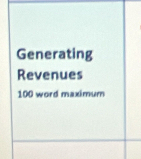 Generating 
Revenues
100 word maximum