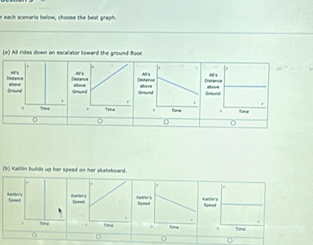 each scenario below, choose the best graph. 
(a) Ali rides down an escalator toward the ground floor. 

(b) Kaitlin builds up her speed on her skateboard. 
Kaitln's 
Speed 
Tie