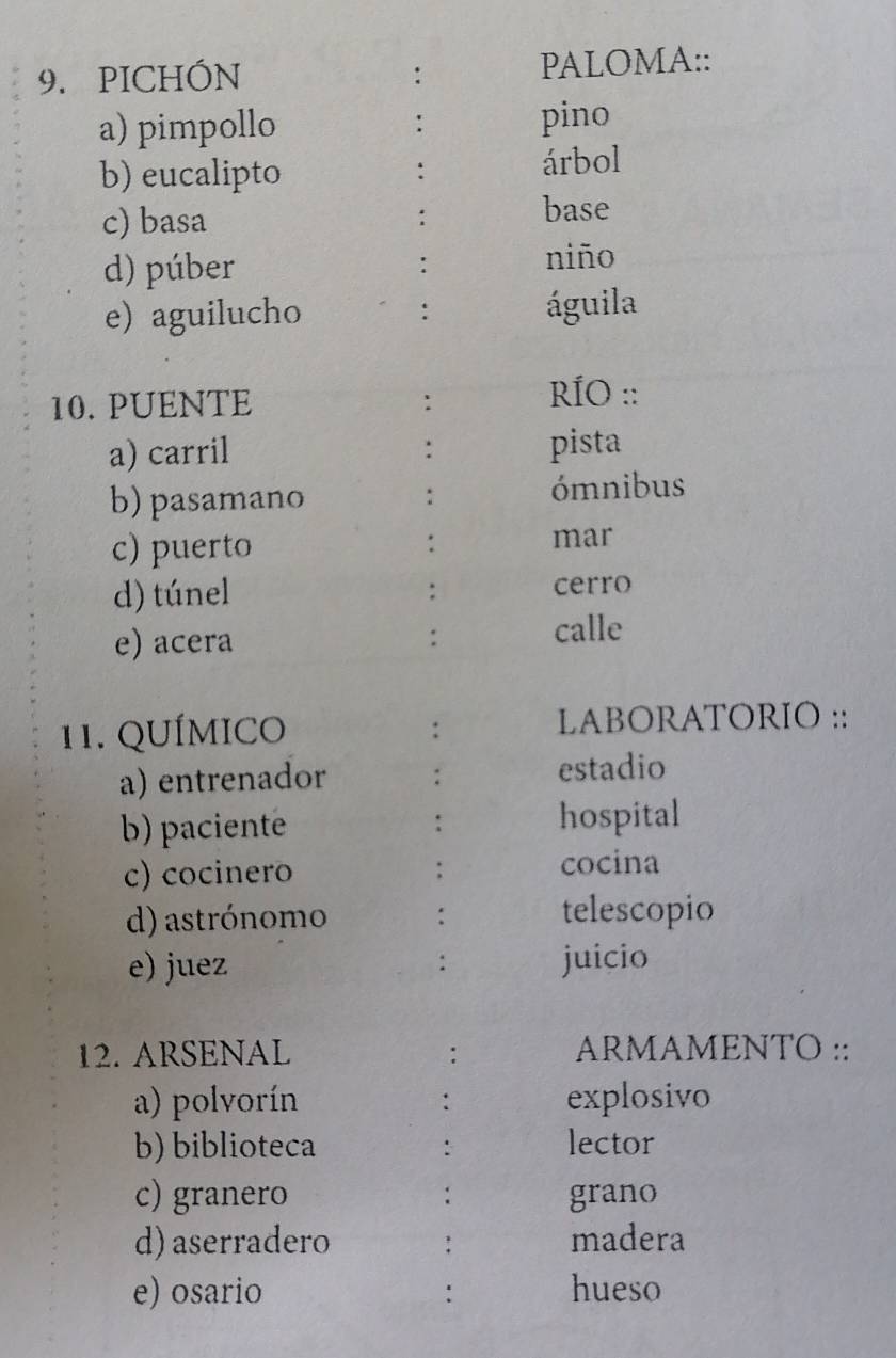 PICHÓN : PALOMA:: 
a) pimpollo : pino 
b) eucalipto árbol 
: 
c) basa base 
: 
d) púber . 
niño 
e) aguilucho : águila 
10. PUENTE 
: RÍO :: 
a) carril : pista 
b) pasamano : ómnibus 
c) puerto : mar 
d) túnel : cerro 
e) acera : calle 
11. QUÍMICO LABORATORIO :: 
: 
a) entrenador estadio 
b) paciente hospital 
c) cocinero . cocina 
d) astrónomo : telescopio 
e) juez juicio 
: 
12. ARSENAL : ARMAMENTO :: 
a) polvorín : explosivo 
b) biblioteca : lector 
c) granero grano 
: 
d) aserradero : madera 
e) osario : hueso