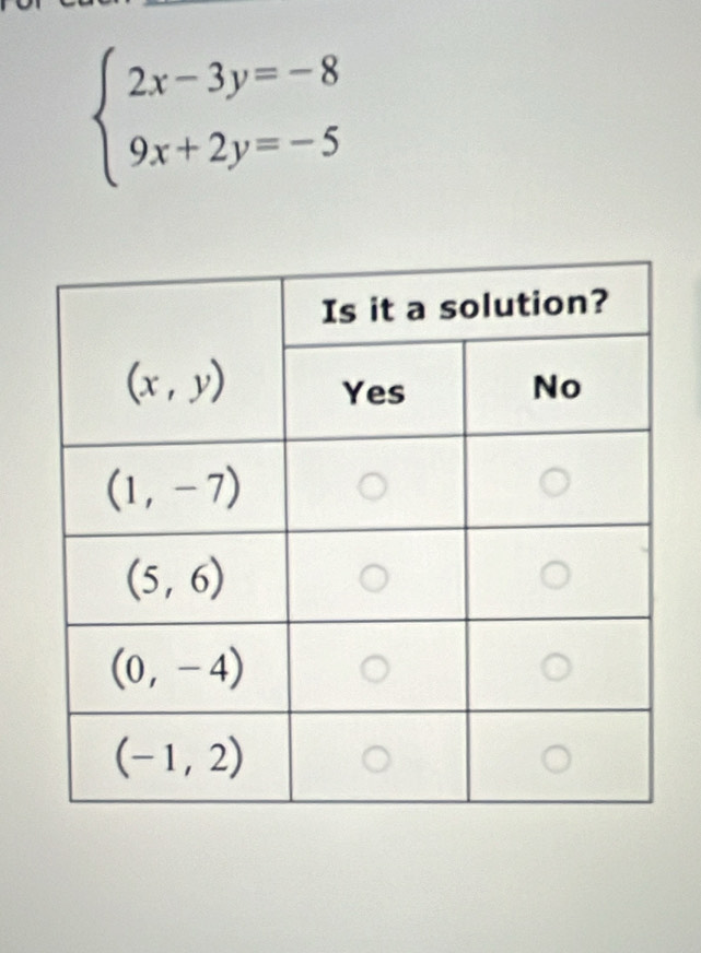 beginarrayl 2x-3y=-8 9x+2y=-5endarray.