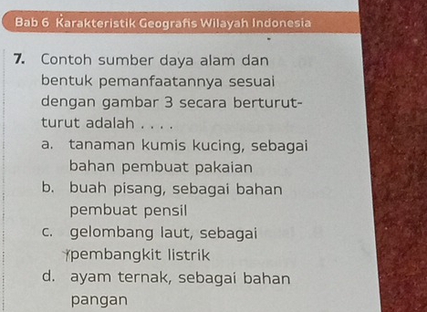 Bab 6 Karakteristik Geografis Wilayah Indonesia
7. Contoh sumber daya alam dan
bentuk pemanfaatannya sesuai
dengan gambar 3 secara berturut-
turut adalah . . . .
a. tanaman kumis kucing, sebagai
bahan pembuat pakaian
b. buah pisang, sebagai bahan
pembuat pensil
c. gelombang laut, sebagai
pembangkit listrik
d. ayam ternak, sebagai bahan
pangan