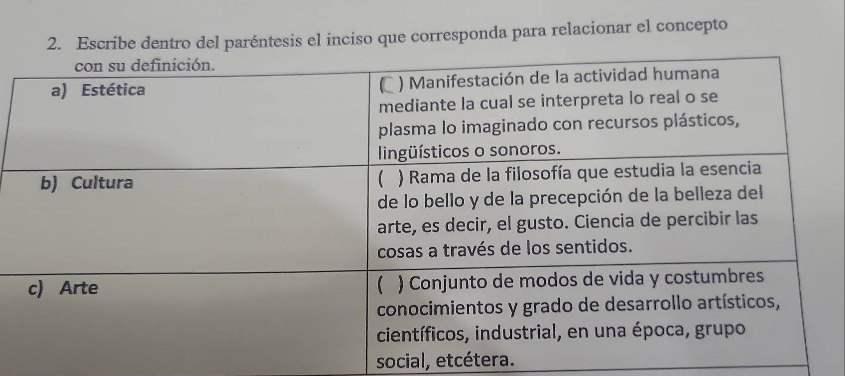 Escribe dentro del paréntesis el inciso que corresponda para relacionar el concepto 
social, etcétera.