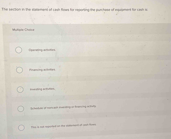 The section in the statement of cash flows for reporting the purchase of equipment for cash is:
Multiple Choice
Operating activities.
Financing activities.
Investing activities.
Schedule of noncash investing or financing activity.
This is not reported on the statement of cash flows.