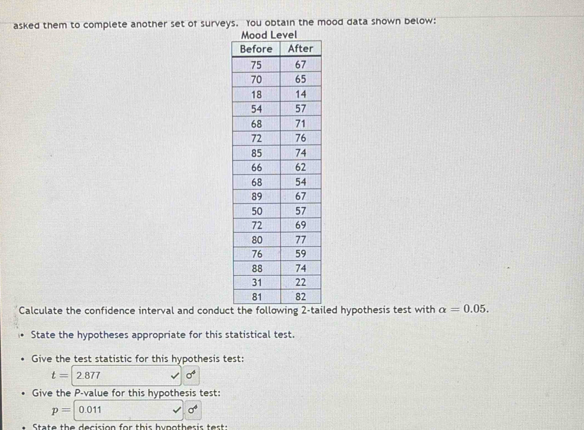 asked them to complete another set of surveys. You obtain the mood data shown below: 
Calculate the confidence interval and conduct the following 2 -tailed hypothesis test with alpha =0.05. 
State the hypotheses appropriate for this statistical test. 
Give the test statistic for this hypothesis test:
t=2.877
0^4
Give the P -value for this hypothesis test:
p= 0.011
sigma^4
State the decision for this hypothesis test: