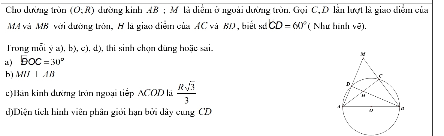 Cho đường tròn (O;R) đường kính AB; M là điểm ở ngoài đường tròn. Gọi C, D lần lượt là giao điểm của
MA và MB với đường tròn, H là giao điểm của AC và BD, biết sđ CD=60° ( Như hình ve). 
Trong mỗi ý a), b), c), d), thí sinh chọn đúng hoặc sai.
a) DOC=30°
b) MH⊥ AB
c)Bán kính đường tròn ngoại tiếp △ COD là  Rsqrt(3)/3 
d)Diện tích hình viên phân giới hạn bởi dây cung CD