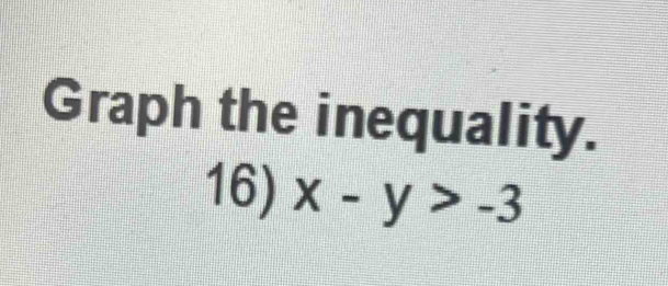 Graph the inequality. 
16) x-y>-3