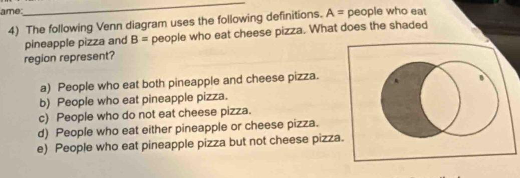 ame A= people who eat
4) The following Venn diagram uses the following definitions.
pineapple pizza and B= people who eat cheese pizza. What does the shaded
region represent?
a) People who eat both pineapple and cheese pizza.
b) People who eat pineapple pizza.
c) People who do not eat cheese pizza.
d) People who eat either pineapple or cheese pizza.
e) People who eat pineapple pizza but not cheese pizza.