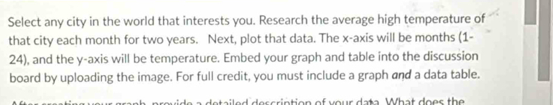 Select any city in the world that interests you. Research the average high temperature of 
that city each month for two years. Next, plot that data. The x-axis will be months (1 - 
24), and the y-axis will be temperature. Embed your graph and table into the discussion 
board by uploading the image. For full credit, you must include a graph and a data table. 
detailed description of your data What does the