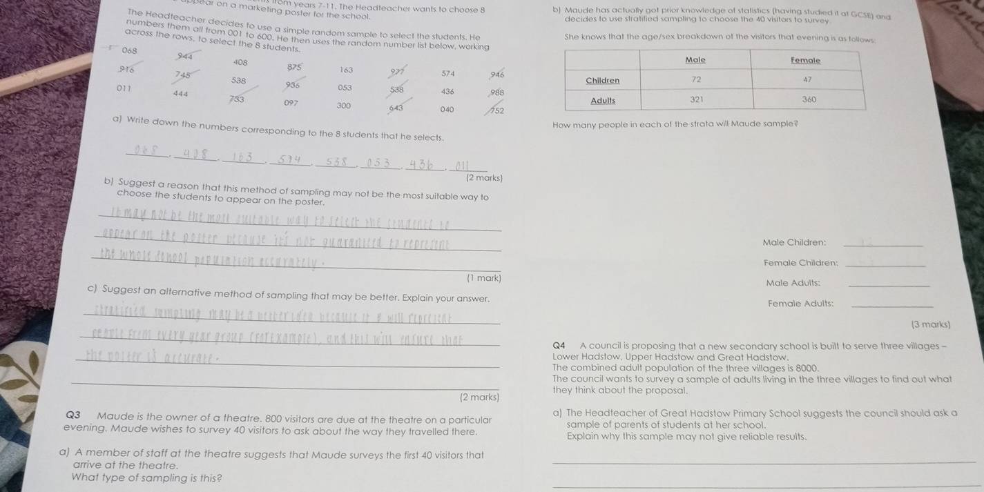 irom years 7-11. The Headteacher wants to choose 8 b) Maude has actually got prior knowledge of statistics (having studied it at GCSE) and oe 
pear on a marketing poster for the school. 
decides to use stratified sampling to choose the 40 visitors to survey 
The Headfeacher decides to use a simple random sample to select the students. He 
numbers them all from 001 to 600. He then uses the ran 
She knows that the age/sex breakdown of the visitors that evening is as tollows 
across the rows, to select t 
How many people in each of the strata will Maude sample? 
the numbers corresponding to the 8 students that he selects. 
_ 
_ 
_ 
_ 
__ 
_ 
_ 
(2 marks) 
b) Suggest a reason that this method of sampling may not be the most suitable way to 
choose the students to appear on the poster. 
_ 
_ 
Male Children:_ 
_ 
Female Children:_ 
(1 mark) Male Adults:_ 
_ 
c) Suggest an alternative method of sampling that may be better. Explain your answer. Female Adults:_ 
_ 
[3 marks] 
Q4 A council is proposing that a new secondary school is built to serve three villages- 
_Lower Hadstow, Upper Hadstow and Great Hadstow. 
The combined adult population of the three villages is 8000. 
_The council wants to survey a sample of adults living in the three villages to find out what 
they think about the proposal. 
(2 marks) 
Q3 Maude is the owner of a theatre. 800 visitors are due at the theatre on a particular a) The Headteacher of Great Hadstow Primary School suggests the council should ask a 
sample of parents of students at her school. 
evening. Maude wishes to survey 40 visitors to ask about the way they travelled there. Explain why this sample may not give reliable results. 
a) A member of staff at the theatre suggests that Maude surveys the first 40 visitors that 
arrive at the theatre. 
_ 
_ 
What type of sampling is this?