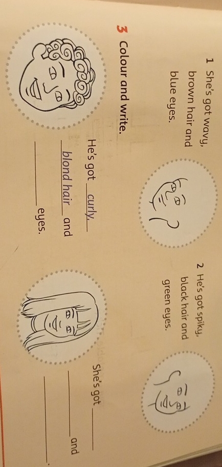 She's got wavy, 
2 He's got spiky, 
brown hair and 
black hair and 
blue eyes. 
green eyes. 
3 Colour and write. 
He's got __curly. 
She's got_ 
blond hair and _and 

_. 
_eyes.