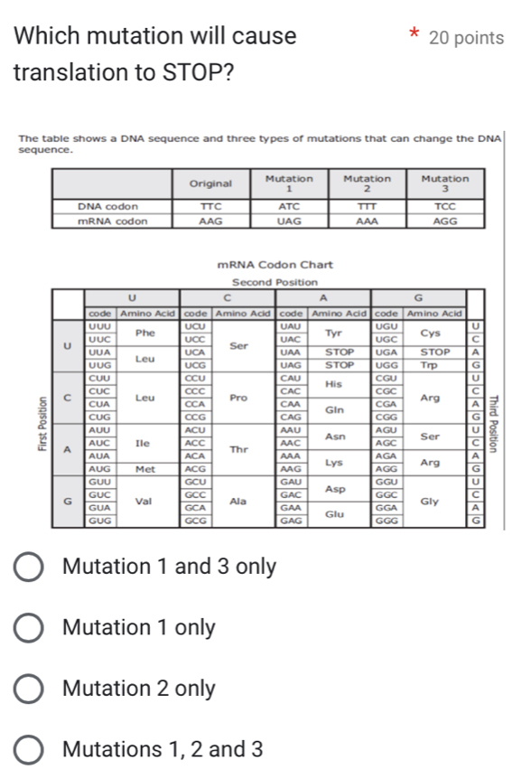 Which mutation will cause 20 points
translation to STOP?
The table shows a DNA sequence and three types of mutations that can change the DNA
sequence.
mRNA Codon Chart
Mutation 1 and 3 only
Mutation 1 only
Mutation 2 only
Mutations 1, 2 and 3