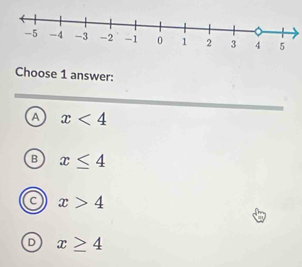 Choose 1 answer:
A x<4</tex>
B x≤ 4
C x>4
D x≥ 4