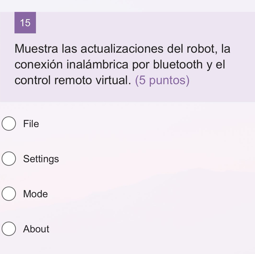 Muestra las actualizaciones del robot, la
conexión inalámbrica por bluetooth y el
control remoto virtual. (5 puntos)
File
Settings
Mode
About