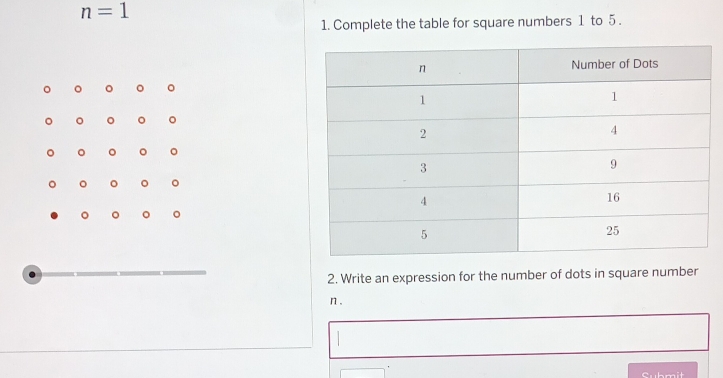 n=1
1. Complete the table for square numbers 1 to 5. 
。 。 。 
。 。 。 。 
。 。 。 。 
。 。 。 。 
。 
2. Write an expression for the number of dots in square number
n. 
Submit