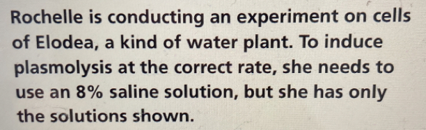 Rochelle is conducting an experiment on cells 
of Elodea, a kind of water plant. To induce 
plasmolysis at the correct rate, she needs to 
use an 8% saline solution, but she has only 
the solutions shown.