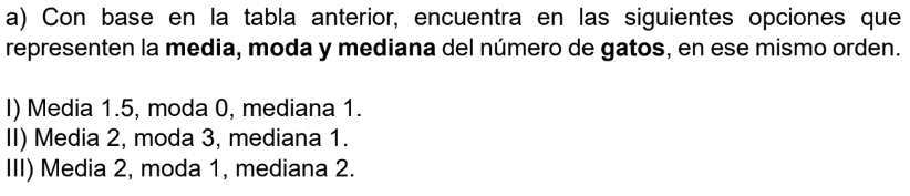 Con base en la tabla anterior, encuentra en las siguientes opciones que
representen la media, moda y mediana del número de gatos, en ese mismo orden.
I) Media 1.5, moda 0, mediana 1.
II) Media 2, moda 3, mediana 1.
III) Media 2, moda 1, mediana 2.