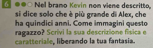 Nel brano Kevin non viene descritto, 
si dice solo che è più grande di Alex, che 
ha quindici anni. Come immagini questo 
ragazzo? Scrivi la sua descrizione fisica e 
caratteriale, liberando la tua fantasia.