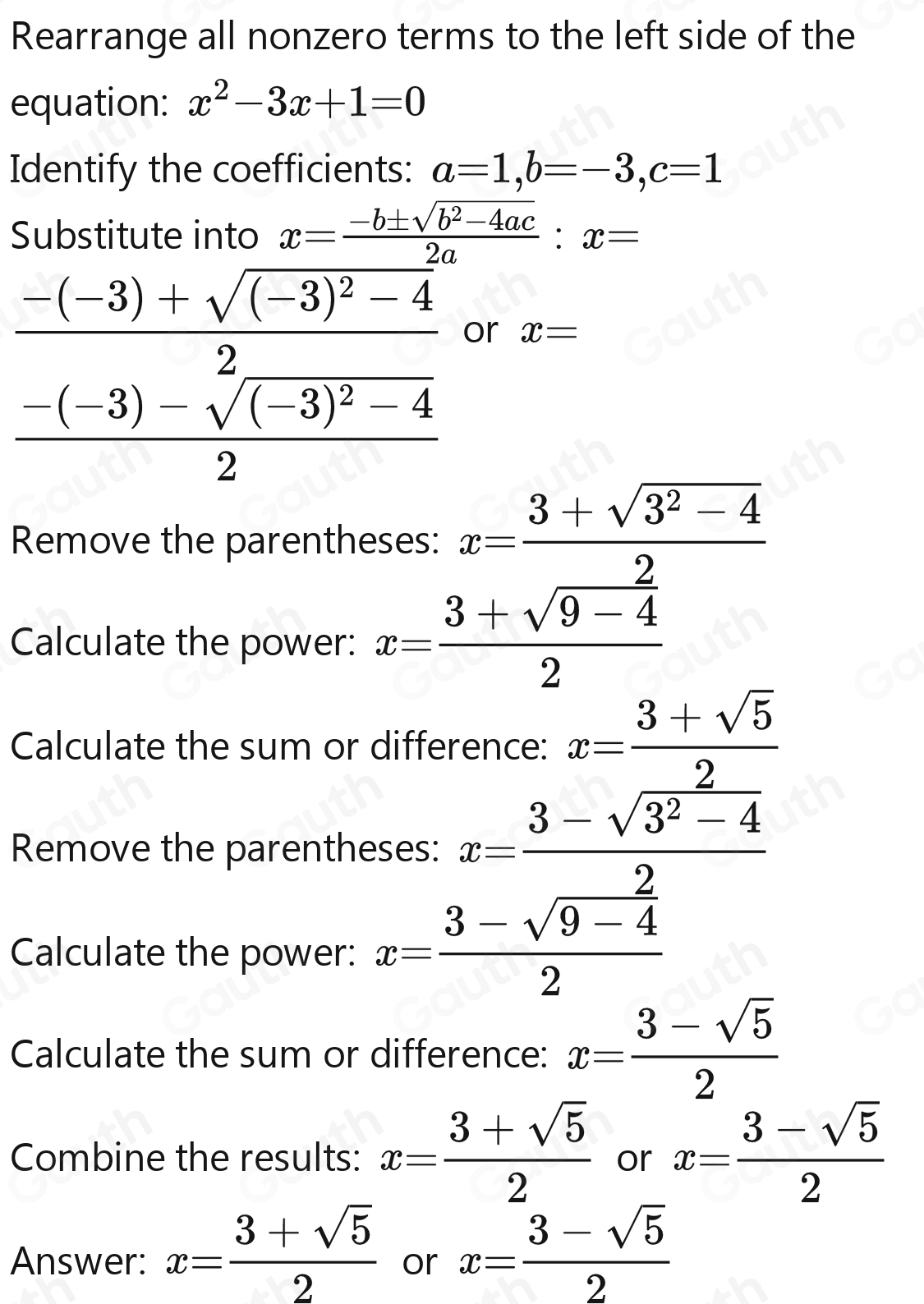 Solved: What is the quadratic term x^2=3x-1 in the equation [Math]