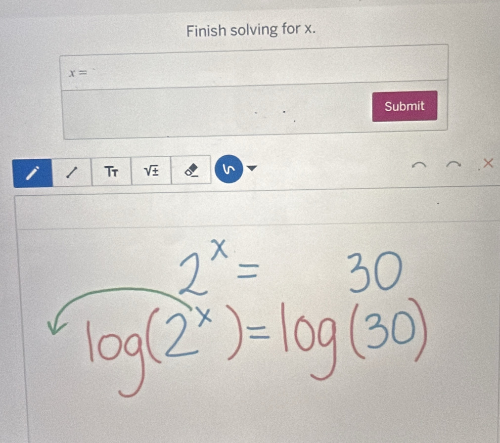 Finish solving for x.
x=
Submit 
I Tr sqrt(± ) ×