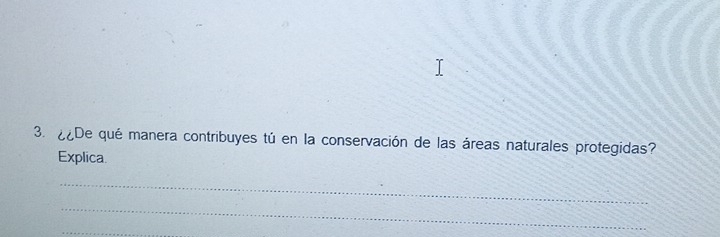 ¿¿De qué manera contribuyes tú en la conservación de las áreas naturales protegidas? 
Explica. 
_ 
_ 
_