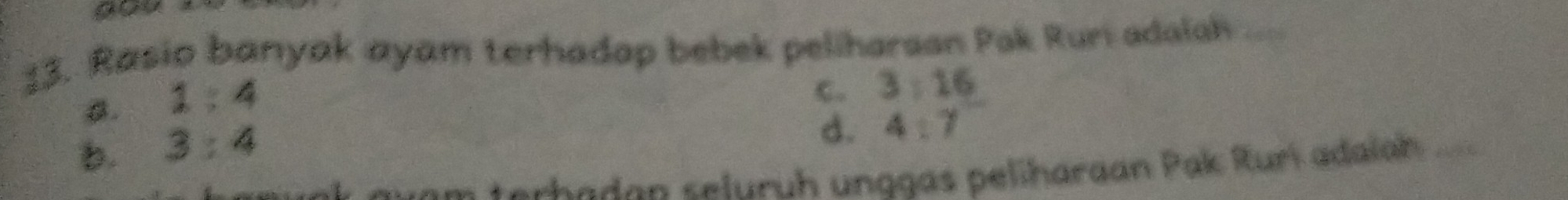 gou 
13. Rasio banyak ayam terhadap bebek peliharsan Pak Ruri adalsh ....
B. 1:4
C. 3:16
b. 3:4
d. 4:7
wem terhadan selurüh unggas peliharaan Pak Rurí adalah a_