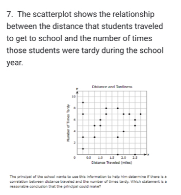 The scatterplot shows the relationship 
between the distance that students traveled 
to get to school and the number of times 
those students were tardy during the school
year.
y Distance and Tardiness
10
8
6
: 4
2
- x
0.5 Distance Traveled (miles) 1.0 1.5 2.0 2.5
The principal of the school wants to use this information to help him determine if there is a 
correlation between distance traveled and the number of times tardy. Which statement is a 
reasonable conclusion that the principal could make?